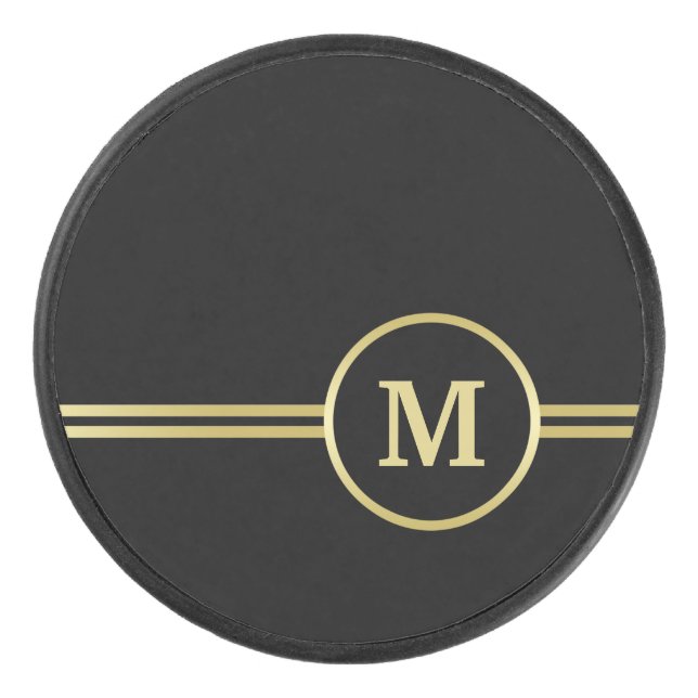 Elegantes, Personalisiertes Monogramm auf schwarz Eishockey Puck (Vorderseite)