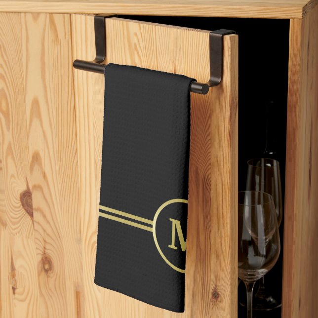 Elegantes, Personalisiertes Monogramm auf schwarz Geschirrtuch (Drittel gefaltet)