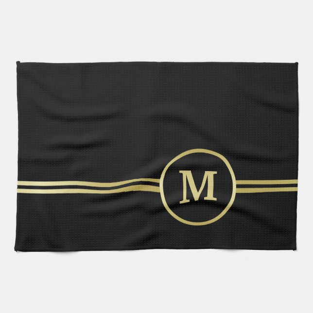 Elegantes, Personalisiertes Monogramm auf schwarz Geschirrtuch (Horizontal)