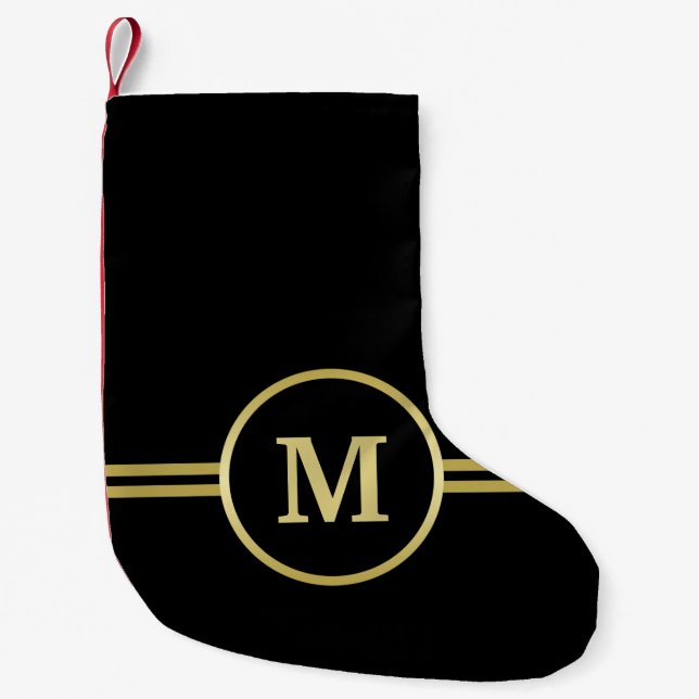 Elegantes, Personalisiertes Monogramm auf schwarz Kleiner Weihnachtsstrumpf (Vorderseite)