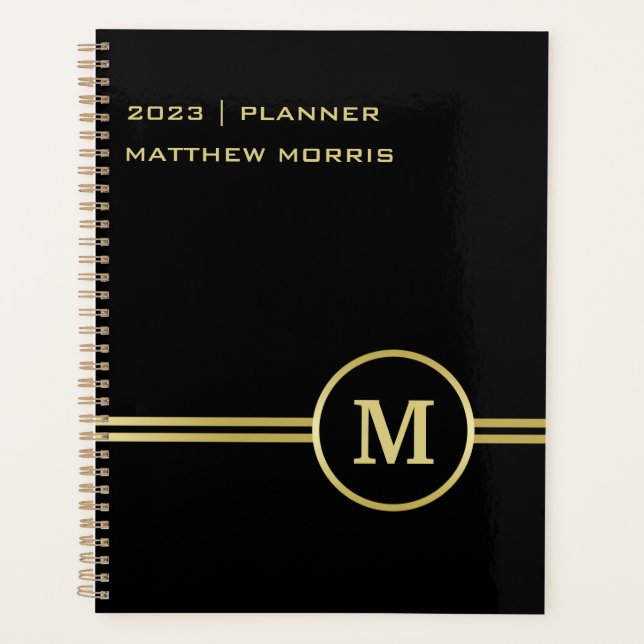 Elegantes, Personalisiertes Monogramm auf schwarz Planer (Vorderseite)