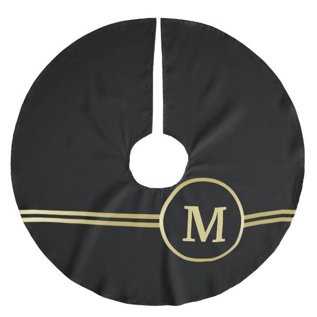 Elegantes, Personalisiertes Monogramm auf schwarz Polyester Weihnachtsbaumdecke (Vorderseite)