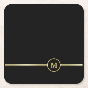 Elegantes, Personalisiertes Monogramm auf schwarz Rechteckiger Pappuntersetzer
