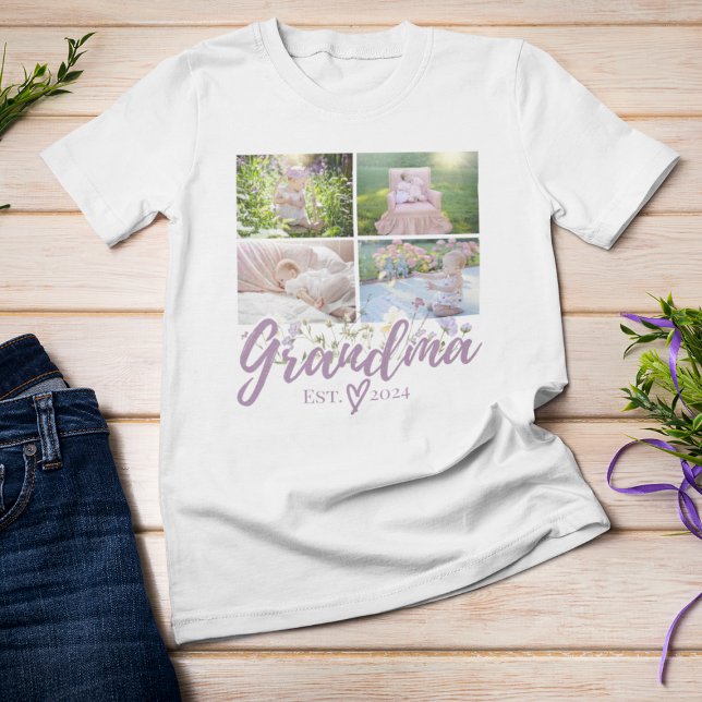 Elegantes Personalisiertes Oma Foto T-Shirt (White "Grandma 2024" t-shirt with baby photo collage on wood.)