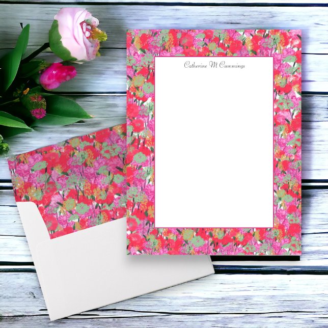 Elegantes Personalisiertes rosa Blatt (Coordinating custom stationery with matching lined envelopes)