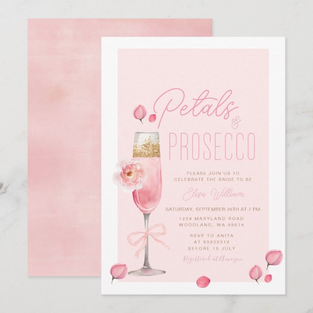 Elegantes Petals und Prosecco-Brautparty Einladung (Vorne/Hinten)