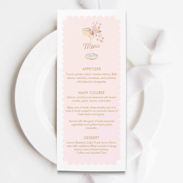 Elegantes Petals und Prosecco Brautparty Menu Menükarte (Pink Petals and Prosecco Menu Card)