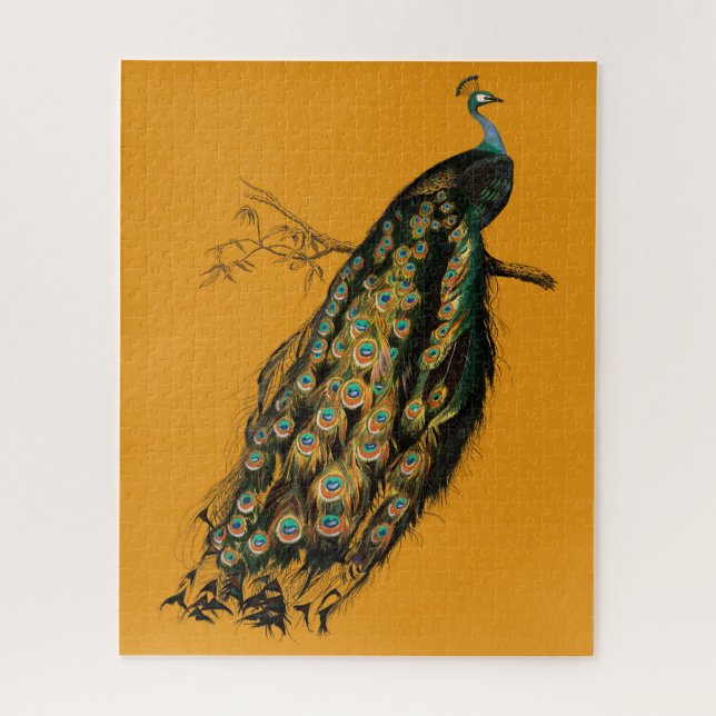 Elegantes Pfau-Design auf Senfgelb Retro Puzzle (Vertikal)