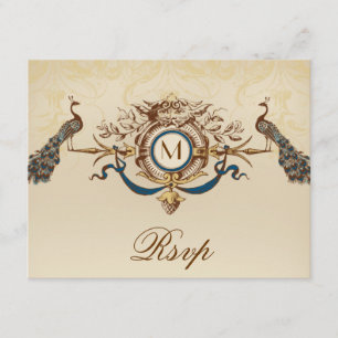 Elegantes Pfau-Monogramm-Vintage Hochzeit UAWG RSVP Karte
