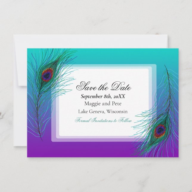 Elegantes Pfauen Feather Elegant Save the Date Einladung (Vorderseite)