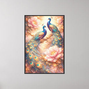 Elegantes Pfauenpaar-Pfingstrosen-Blumen-Gold-Wand Leinwanddruck