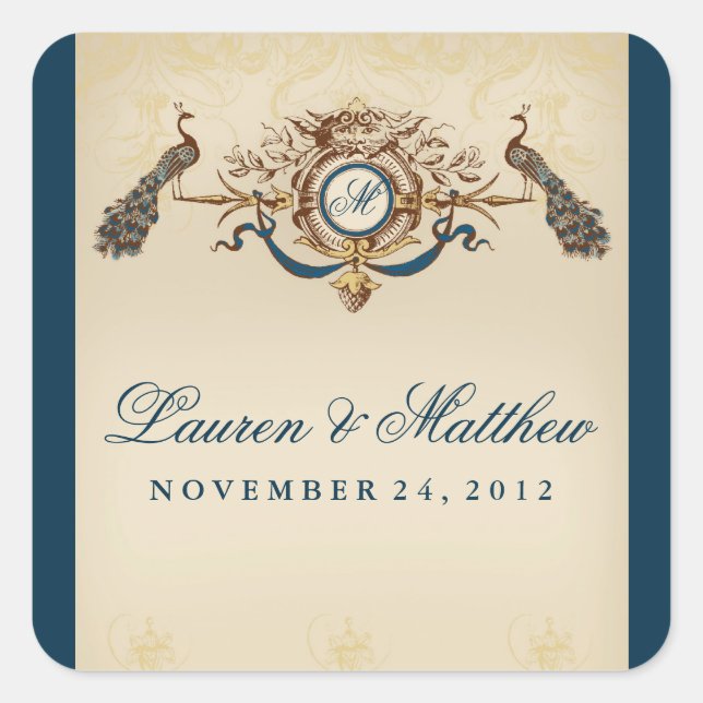 Elegantes Pfauenthema Quadratischer Aufkleber (Vorderseite)