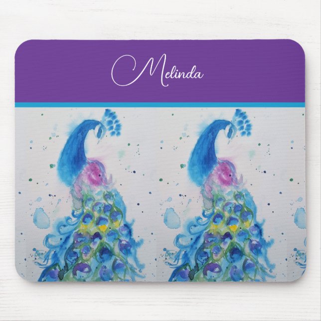 Elegantes Pfauenwasser Blaue Malerei Mousepad (Vorne)