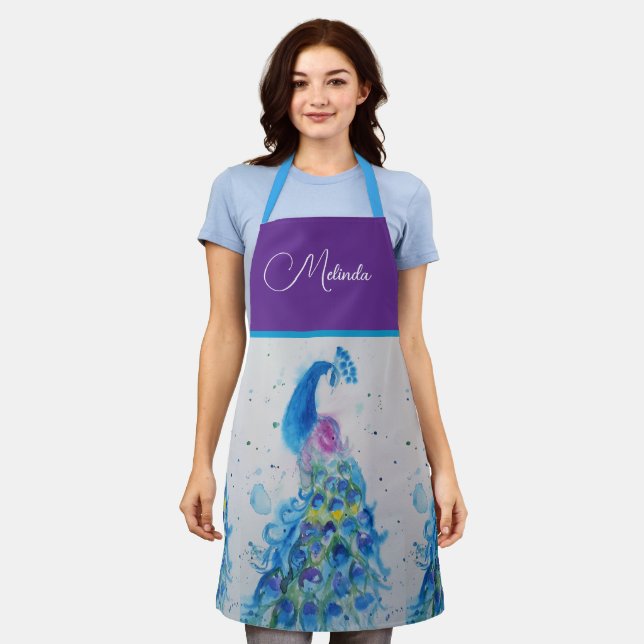 Elegantes Pfauenwasser Blaue Malerei Schürze (Getragen)