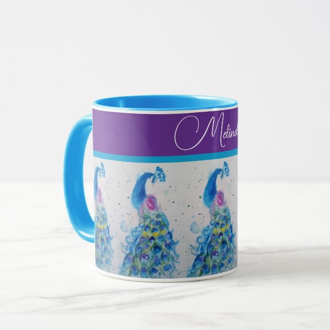 Elegantes Pfauenwasser Farbe Blau Malereien Frauen Tasse (Vorderseite Links)