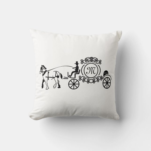 Elegantes Pferd Gezeichnet Wedding Wagon Monogramm Kissen (Vorderseite)