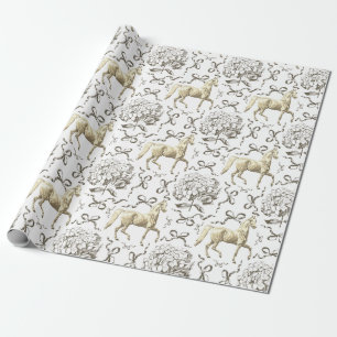 Elegantes Pferd Hydrangea Bows Beige White Toile Geschenkpapier