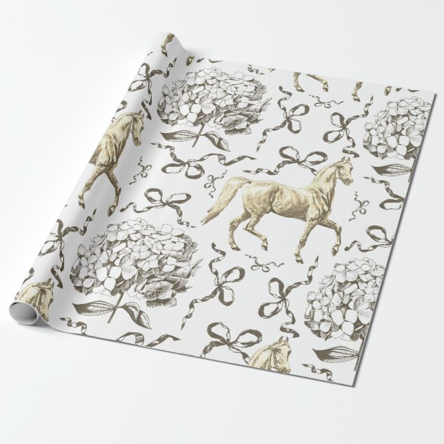Elegantes Pferd Hydrangea Bows Beige White Toile Geschenkpapier (Ungerollt)