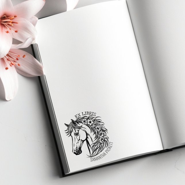 Elegantes Pferd mit Blume, Ex Libris Book Gummistempel (Von Creator hochgeladen)