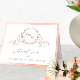 Elegantes Pfirsichmonogramm, Wasserfarbenhochzeit Dankeskarte