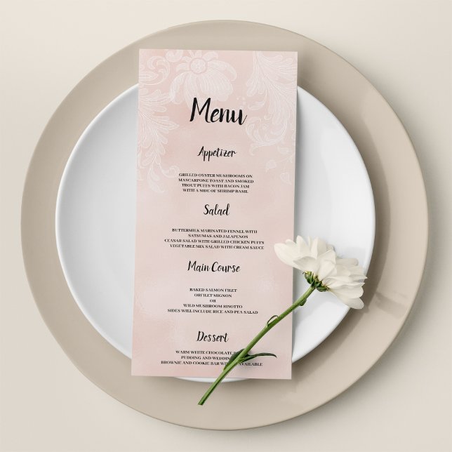 Elegantes, pfirsichweißes Hochzeitsmenü der Blume Programm (Elegant peach white flower lace frame Wedding Menu )