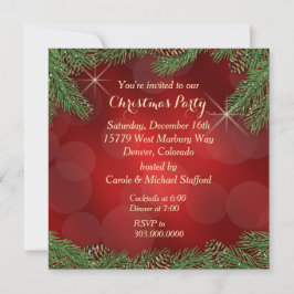 Elegantes Pine Bough Red Gold Weihnachts-Party Einladung