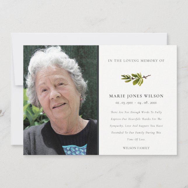 Elegantes Pine Branch Fauna Foto Beileid Memorial Dankeskarte (Vorderseite)