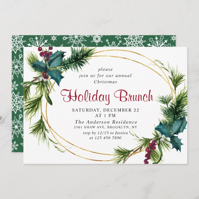 Elegantes Pine Holly Berry Weihnachtsfest Brunch Einladung (Vorne/Hinten)