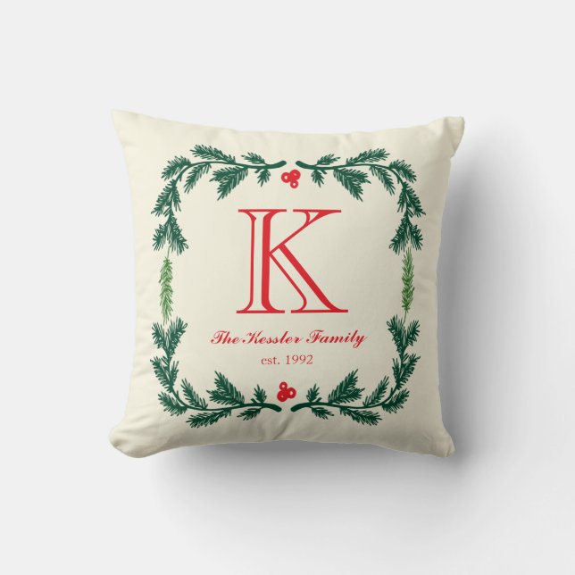 Elegantes Pine Monogram Holiday Throw Kissen (Vorderseite)