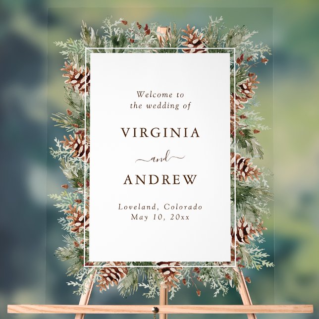 Elegantes Pine Willkommens Akryllisches Zeichen Acrylschild (Elegant Pinecone Evergreen Wedding Welcome Acrylic Sign by Painted Paperie
)