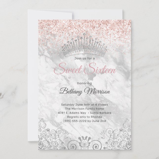 Elegantes Pink 16 . Geburtstag Tiara Glitzer Party Einladung (Vorderseite)