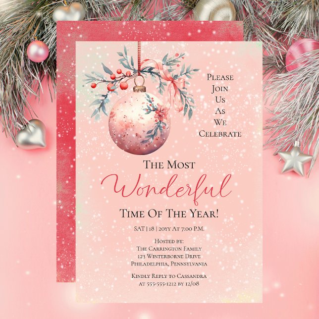 Elegantes Pink Bauble Das schönste Party des Jahre Einladung (Elegant Pink Floral Bauble Most Wonderful Time Year Party Invitation)