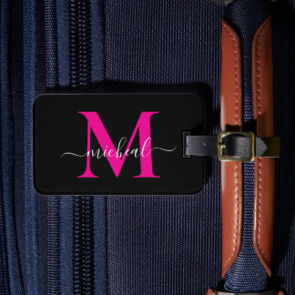 Elegantes Pink & Black Monogramm Schriftzug Name Gepäckanhänger