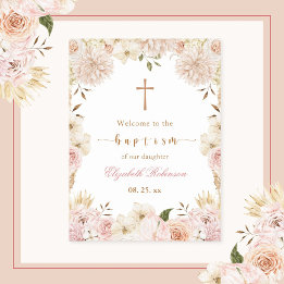 Elegantes Pink Boho Floral Taufposter Poster