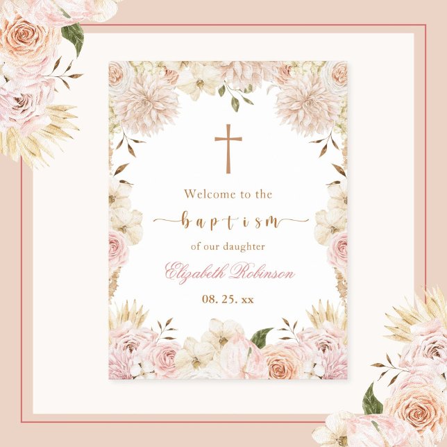Elegantes Pink Boho Floral Taufposter Poster (Von Creator hochgeladen)