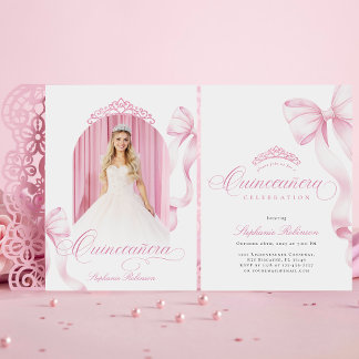 Elegantes Pink Bow Foto Quinceañera Einladung
