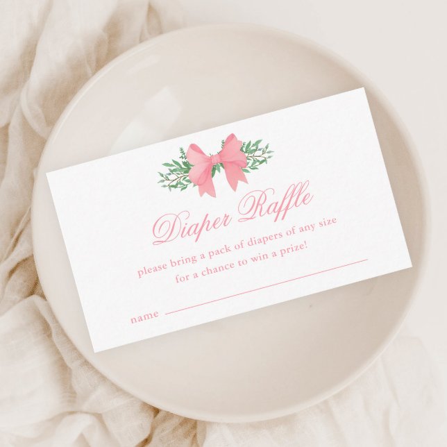 Elegantes Pink Bow Girl Duschmädchen Windelwanne Begleitkarte (Elegant pink bow greenery baby shower diaper raffle enclosure cards.)