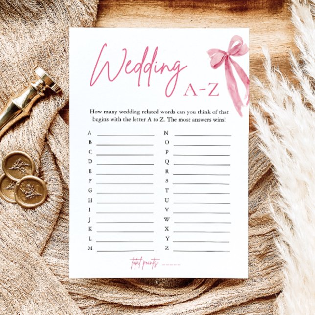Elegantes Pink Bow Wedding A-Z Brautparty Game Einladung (Elegant Pink Bow Wedding A-Z Bridal Shower Game)