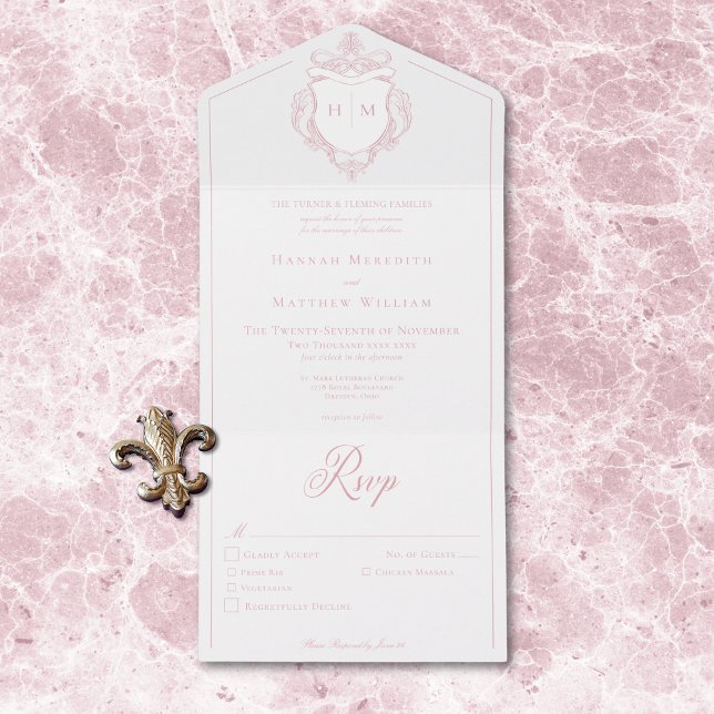 Elegantes Pink Chinoiserie Bird Wappen Hochzeitses All In One Einladung (Elegant Pink Chinoiserie Bird Crest Wedding Dinner All In One Invitation)
