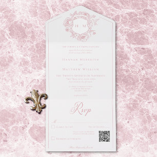 Elegantes Pink Chinoiserie Bird Wappen Wedding QR All In One Einladung