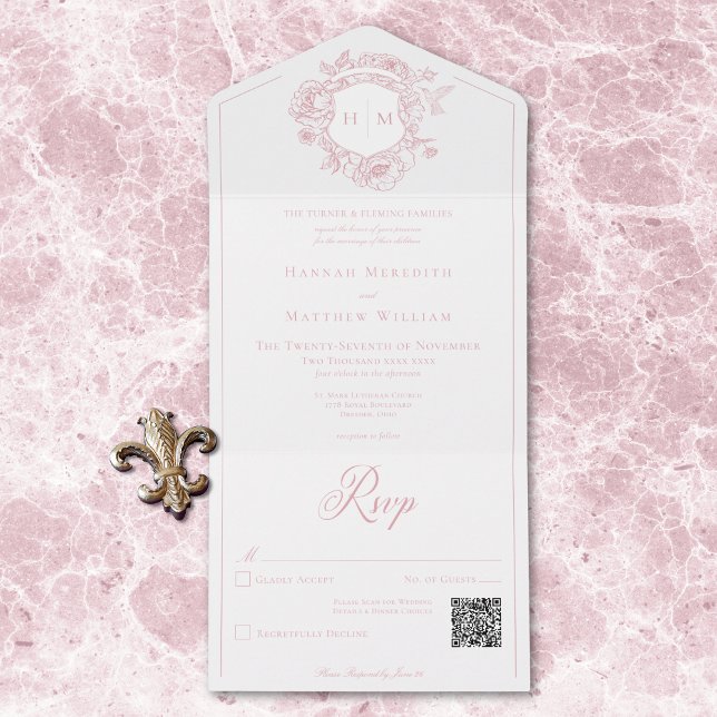 Elegantes Pink Chinoiserie Bird Wappen Wedding QR All In One Einladung (Elegant Pink Chinoiserie Bird Crest Wedding QR All All In One Invitation)