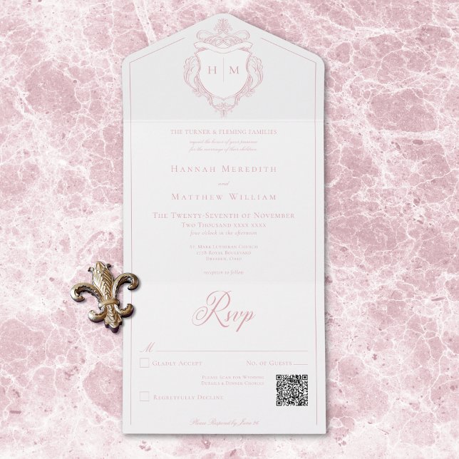 Elegantes Pink Chinoiserie Bird Wappen Wedding QR All In One Einladung (Elegant Pink Chinoiserie Bird Crest Wedding QR All In One Invitation)