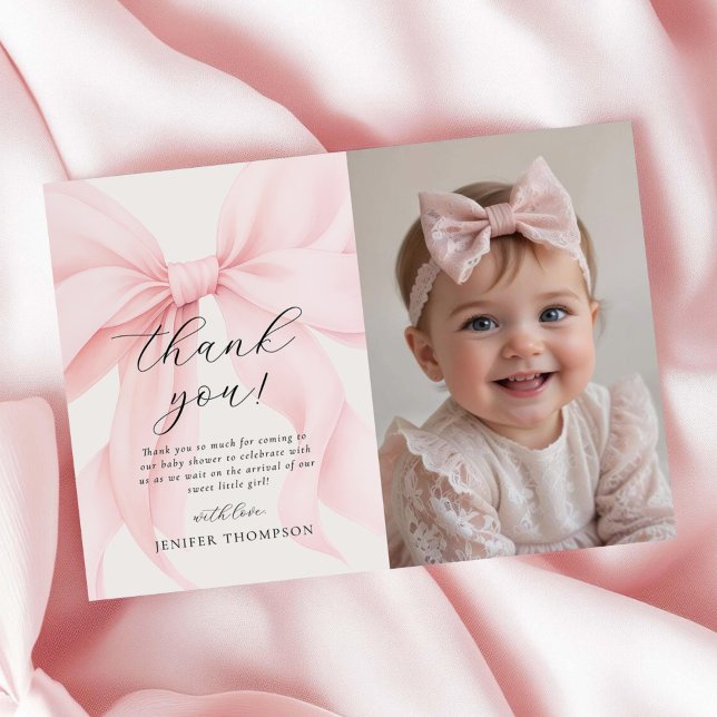 Elegantes Pink Coquette Bow Girl Baby Shower Foto Dankeskarte (Von Creator hochgeladen)