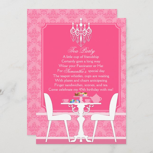 Elegantes Pink Damask Birthday Tea Party Einladung (Vorne/Hinten)