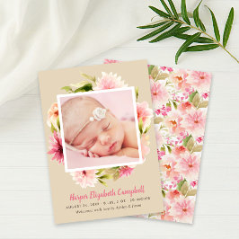 Elegantes Pink Floral Baby Girl Foto Beige Geburt Ankündigung