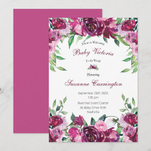 Elegantes Pink Floral Baby Girl Script Baby Einladung