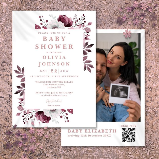 Elegantes Pink Floral Foto QR Code Kinderdusche Einladung (Elegant Pink Floral Photo QR Code Baby Shower Invitation)
