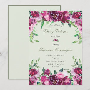 Elegantes Pink Floral Green Girl Script Baby Einladung