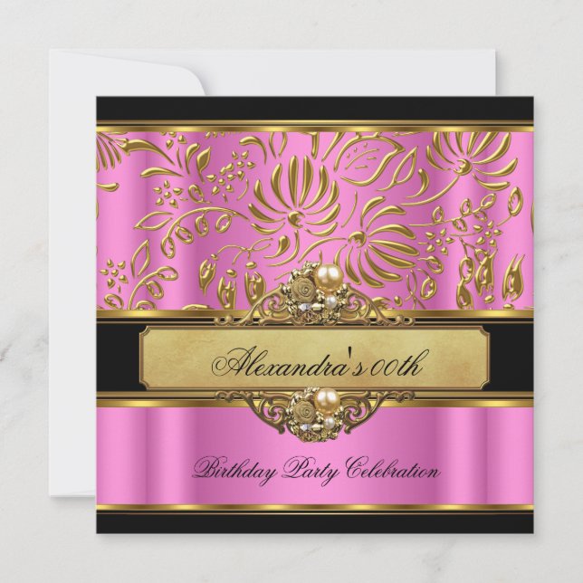 Elegantes Pink Gold Black Damask Pearl Party Einladung (Vorderseite)