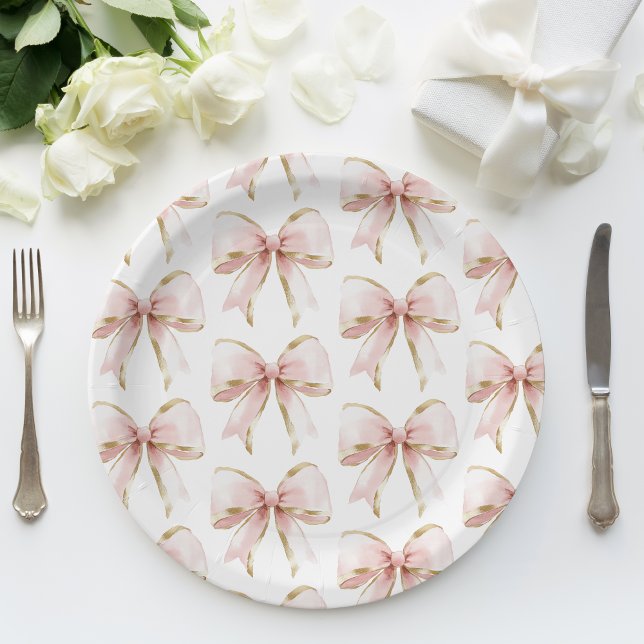 Elegantes Pink Gold Bow Muster Baby Shower Girl Pappteller (Von Creator hochgeladen)